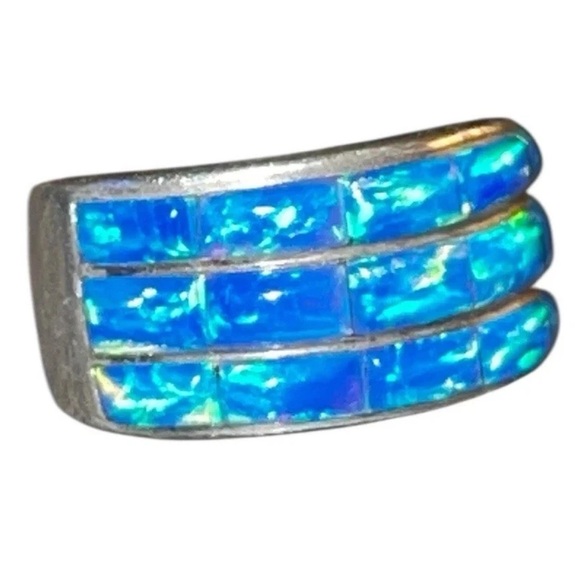 Native American Blue Black Opal Inlay Sterling Silver Band Ring Size 7 - Picture 3 of 10